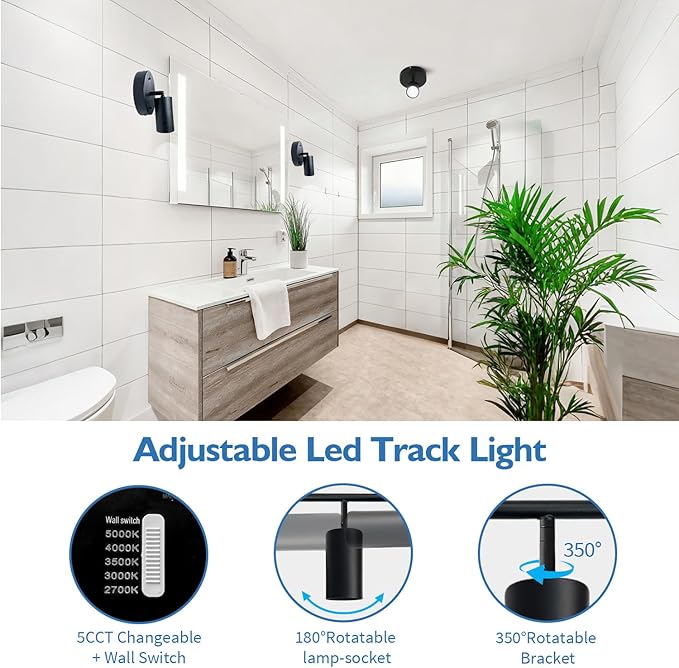 Jolux LED 1 Light Track Lighting Kit, Black Ceiling Spot Lighting, Included GU10 Bulbs 600LM 5CCT Selectable,Flexibly Rotatable Light Head for Kitchen Gallery Art Walls Hallway Living Room
