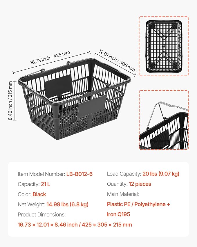 VEVOR Shopping Baskets, 12 PCS, 21L Stackable PE Plastic Grocery Baskets with Handles, Dense Mesh Structure, Holds up to 20 lbs, Portable for Grocery, Retail, Stores, Supermarket, Home Use, Black