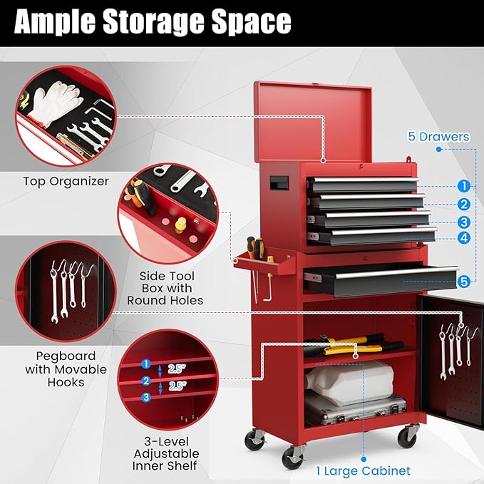 Goplus Tool Chest, 5 Drawers Rolling Tool Cabinet with Detachable Top Toolbox, Universal Lockable Wheels, Lock Bar, Protective Liner & Tool Rack, Metal Tool Storage Cart, Tool Box for Garage Workshop
