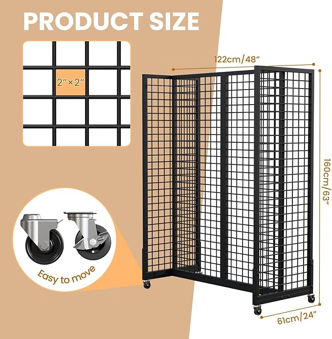 4Pcs Grid Gondola Unit, 2'x 5' Grid Wall Panels with Sturdy Frames, Gridwall Display Stand with Wheels, Craft Show Gridwall Display Rack for Craft Fair Display, Art Show Display, Retail Stores