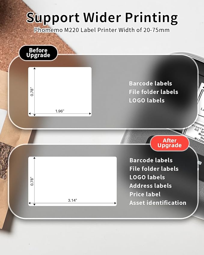 Phomemo Label Printer, M220 Thermal Bluetooth Barcode Label Maker, for Home, Office, School, Compatible with Phone & Laptop