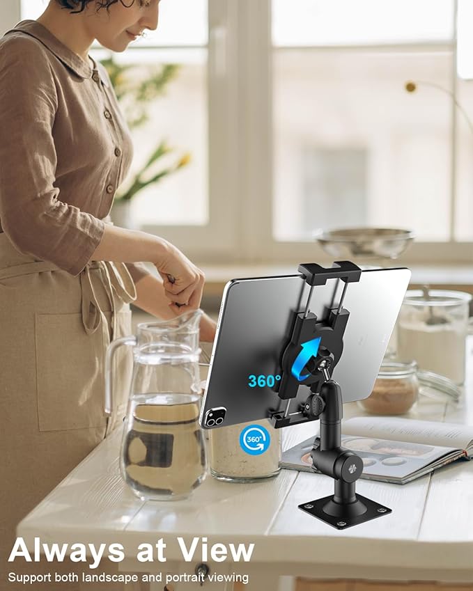 woleyi Tablet Wall Mount for iPad - [360° Adjustable Arm] Tablet Holder Stand for Kitchen Cabinet, Under Counter, Desk, for 4-13" Device iPad Pro, Air, Mini, Phone, Galaxy Tab, Z Fold, Fire HD, Switch