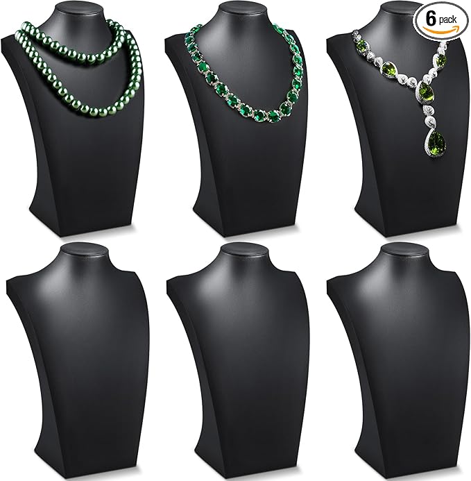 Kigley 6 Pcs Black PU Leather Jewelry Bust Display Necklace Holder Stand Necklace Mannequin Holder for Jewelry Display Trade Show(13.39 x 3.94 x 8.07 Inches)