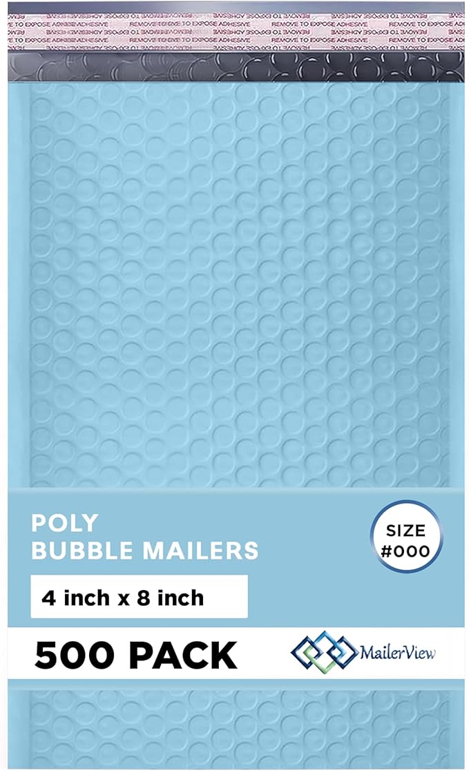 Light Blue Small Bubble Mailers 4x8 Inch #000 | Thick Padded Poly Bubble Mailer Envelopes | 500 Pack Bulk | Trading Card Sports Card Shipping