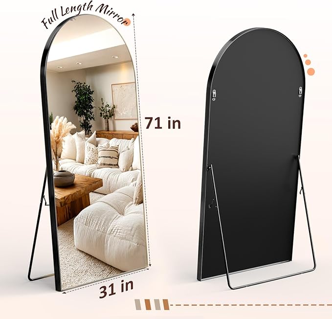 EOGOW 71" x 31" Arched Full Body Mirror,Standing or Leaning Tempered Glass Shatterproof Full Length Mirror with Stand for Bedroom Living Room Entryway,Black