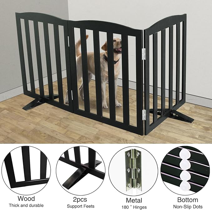 Freestanding Dog Gate Indoor,Doggie Gate Foldable Pet Gates for Doorways,Stairs or Hallways, Wooden Black Pet Gate for The House, Pet Fence with Support Feet Included,32 "Height-3 Panels