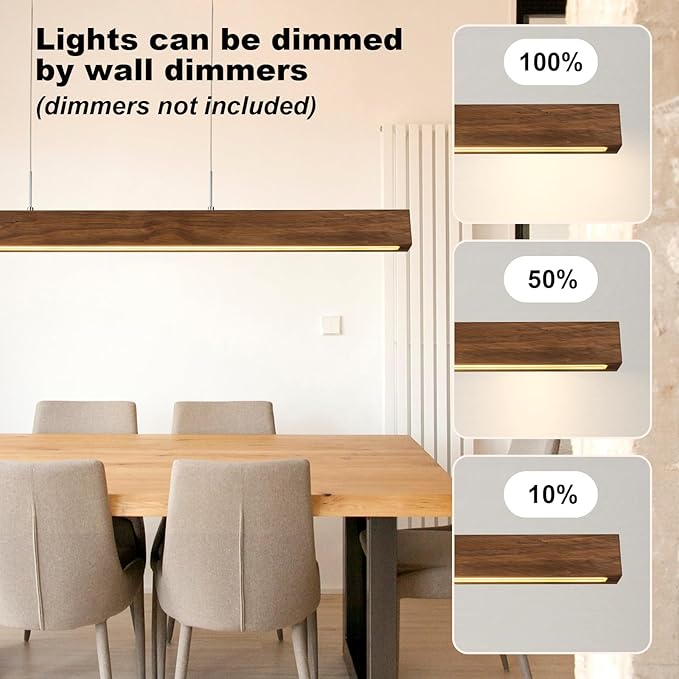 EDISLIVE Wood Linear LED Pendant Light Dimmable LED Chandelier 47.2 in Adjustable Linear Hanging Light Fixture 3000K 25W Island Light for Dinning Room Kitchen