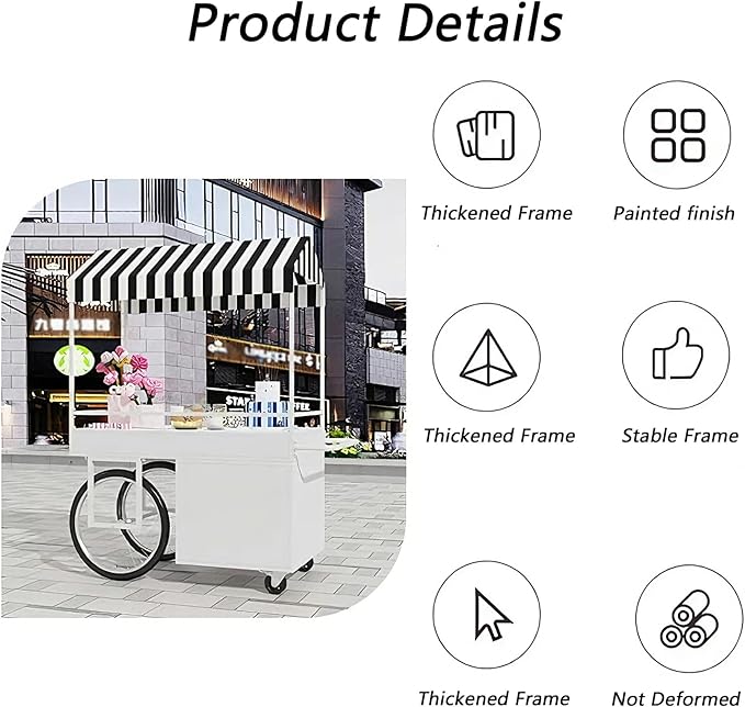 Food Cart for Business with Striped Canopy, Mobile Display Stand with Storage Drawers, for Street Food, Farmers Markets, Outdoor Events (Red, 47.24 * 27.56 * 78.74in)