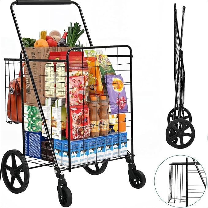 YITAHOME Folding Shopping Cart with Wheels, Rolling Foldable Grocery Cart with Versatile Rear Basket, Portable Collapsible Utility Cart for Shopping Groceries Laundry Storage Organizer