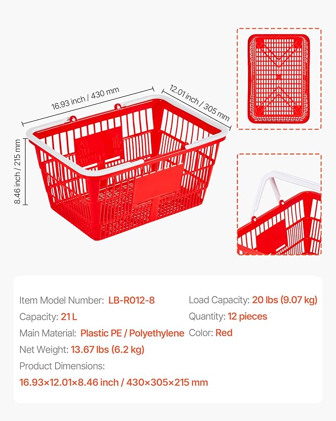 VEVOR Shopping Baskets, 12 PCS, 21L Stackable PE Plastic Grocery Baskets with Handles, Dense Mesh Structure, Holds up to 20 lbs, Portable for Grocery, Retail, Stores, Supermarket, Home Use, Red