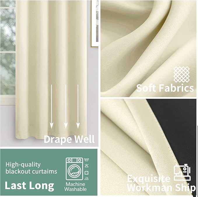 Cream Blackout Curtains for Bedroom 63 Inch Length 2 Panels Set, Thermal Insulated 100% Light Blocking Soundproof Grommet Window Curtains for Living Room with Black Liner, Each 52 Inch Wide