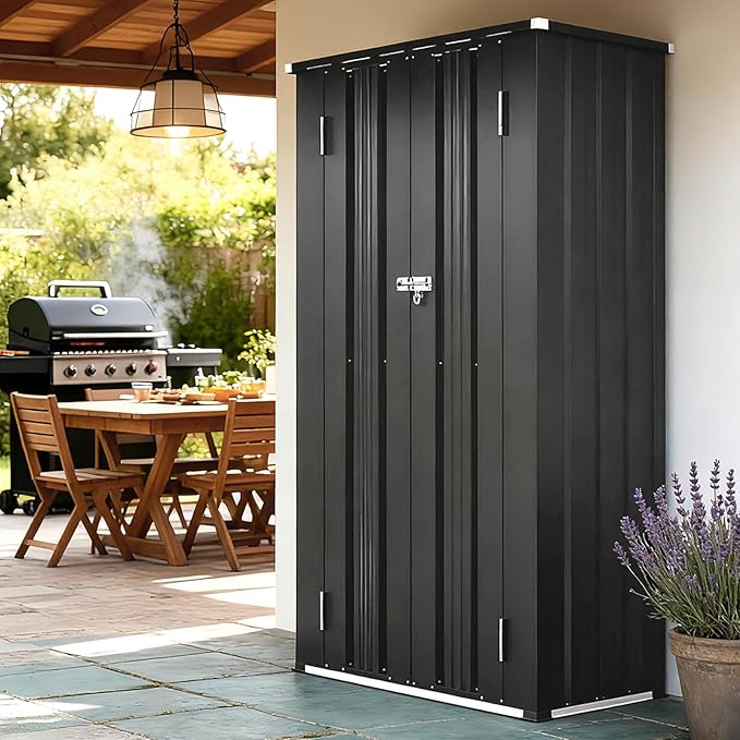 Outdoor Storage Cabinet Outdoor Metal Shed with 2 Adjustable Shelves 3 Layer Indoor& Outdoor Waterproof Vertical Storage Shed for Patio Garden, Garage, Porch (Black, 2.5'x1.5')