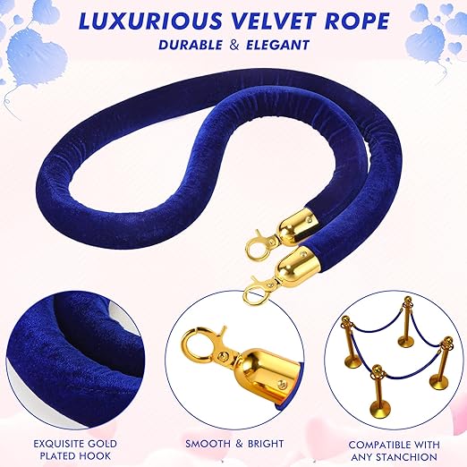 Woanger 6 Pack Velvet Stanchion Rope, 5 Feet Crowd Control Stanchion Ropes Safety Barrier with Gold Plated Hook for Carpet Events Movie Theaters Grand Openings Hotels Party(Blue)