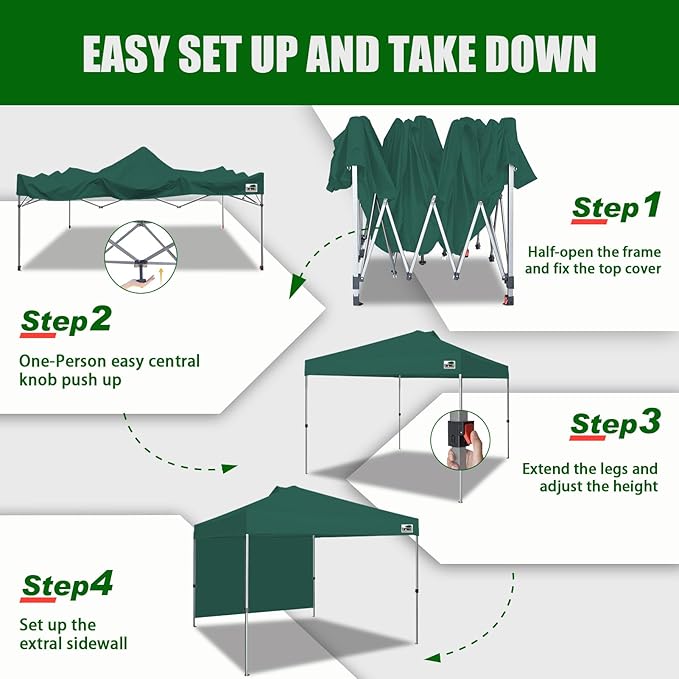Eurmax USA NOMATTER ONE-Person Open&Close 10x10ft Pop Up Canopy Tent,Portable Shelter for Outdoor Events with 1 Removable Sidewall,Instant Canopies,Temporary Sunshade,Bonus 4 Sand Bags (Forest Green)