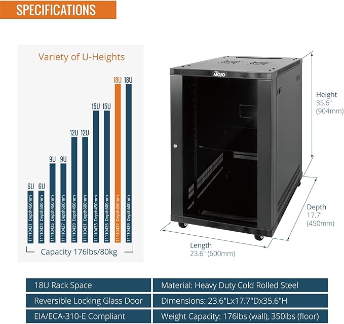 Tecmojo 18U Wall Mount Rack,18U Rack 17.7 Inch Depth,Hold Up to 176 Lbs,Movable Enclosed Rack Kit for 19 Inch Network,Server and AV Gear,Glass Door(Elite Collection)