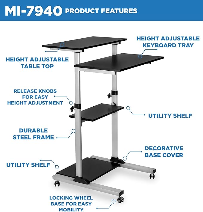 Mount-It! Rolling Desk Adjustable Height up to 54.7", Portable Standing Desk for Laptop or Podium Stand with Wheels, Mobile Roller Presentation Cart, Computer Work Station 27.5" Wide, Locking Wheels