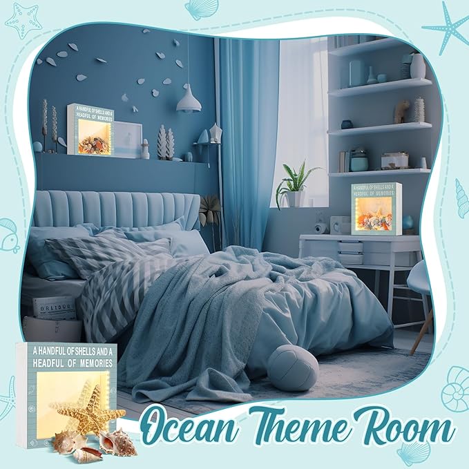 Juexica Seashell Holder with Light Display Box Room Decor Ocean Themed Gifts for Christmas Display Case Sea shells Beach Coastal Decor Acrylic Wall Hanging (Retro Blue,Shells)