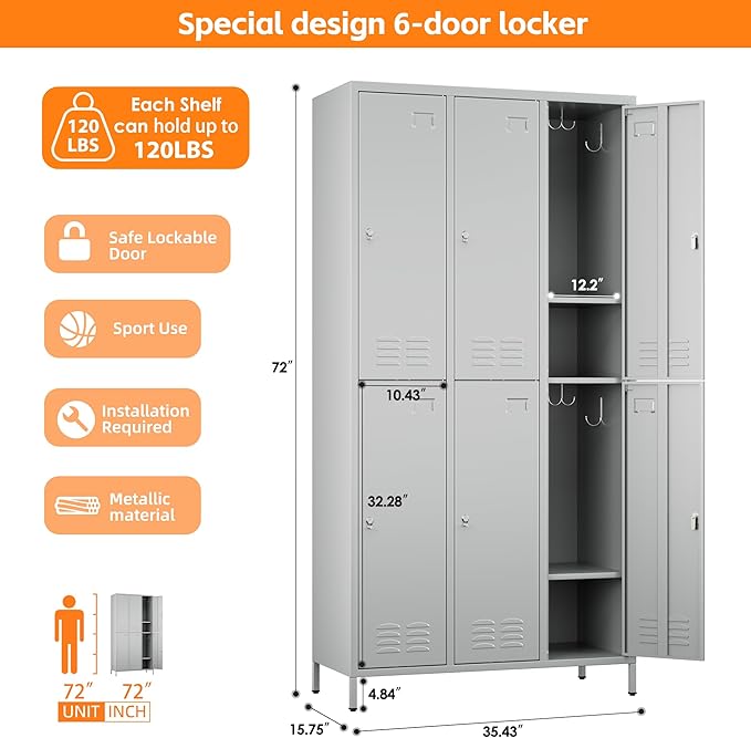 Aobabo Metal Locker for Employees, 6 Doors Metal Locker Cabinet with Lock, Industrial Storage with 18 Hooks, Storage for Office, Gym, Dormitory, Assembly Required, Light Grey