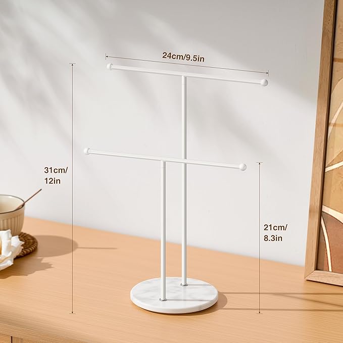 pickpiff Necklace Holder Stand: 2 Tier Jewelry Organizer with Marble Base, Gold Jewelry Tree Display for Bracelets, Rings, Earrings, White