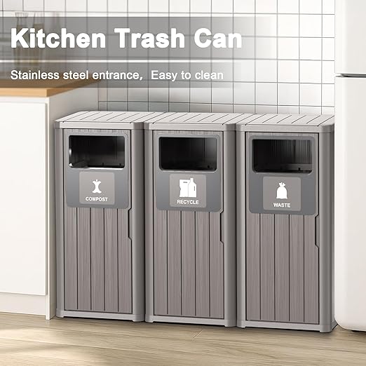 Outdoor Three Barrel Trash Can,Waterproof Resin Garbage Can with Garbage Labels,Durable Waste Bin for Porch, Backyard,Kitchen,for 30 to 39 Gallon Trash Bags