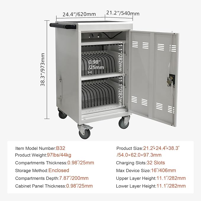 Laptop Charging Cart,32 Devices Tablet Storage Carts for Pad Up to 16.3" Screen Size, Classroom Computer Mobile Charging Station for Pads,Chromebooks,Laptops,Security Storage (30+2 Bay-White)