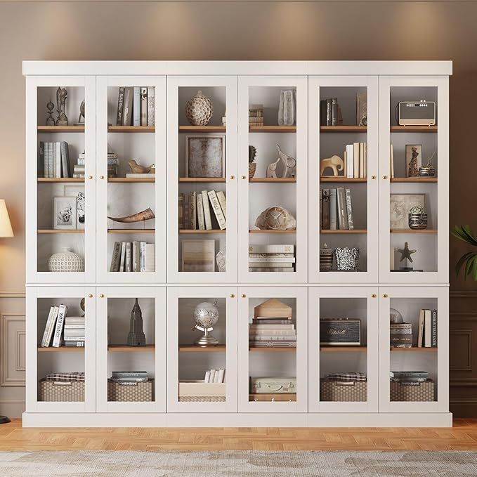 70.8" Bookshelf with Glass Doors, Farmhouse Modular Bookcase with 6-Tier Adjustable Shelves, Large Storage Cabinet for Living Room & Home Office, Set of 3, White