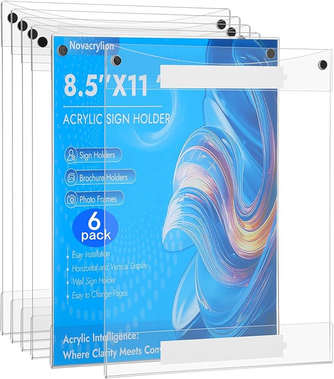 Acrylic Sign Holder 8.5 x 11 Wall Mount, Adhesive & Magnetic Back - Vertical or Horizontal Mount for Office, Classroom, Retail Displays on Glass, Doors, Wood, or Other Smooth Surfaces