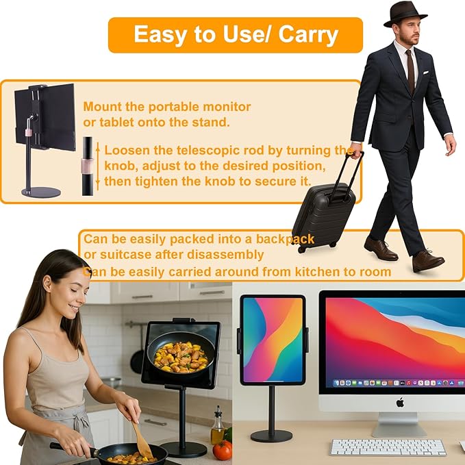 Portable Monitor Stand Tablet Stand for Desk Kindle Holder with Metal Disk, Telescopic Pole and Super Wide Clamp Portable Monitor Mount 15.6 inch 18.5 inch FL12C