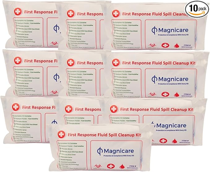 First Response Spill Kit - Be OSHA Compliant | Bloodborne Pathogen & Vomit Cleanup Kit: Comprehensive Spill Response for Bodily Fluids, Ideal for Schools, Restaurants, clinics (10pack)