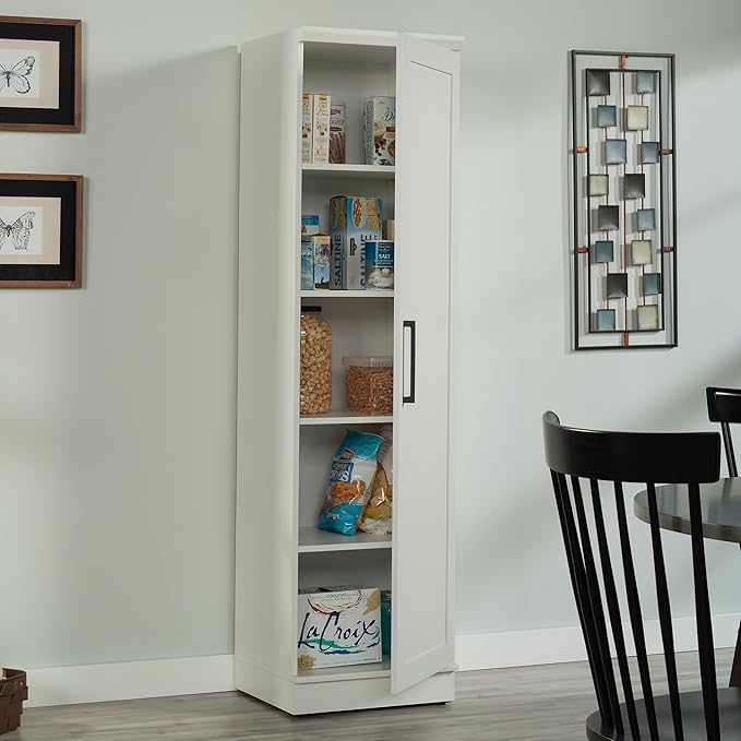 Sauder HomePlus Narrow Pantry Storage Cabinet Slim Single Door with Adjustable Shelves, Kitchen Laundry Bathroom Storage Cabinet, in Soft White