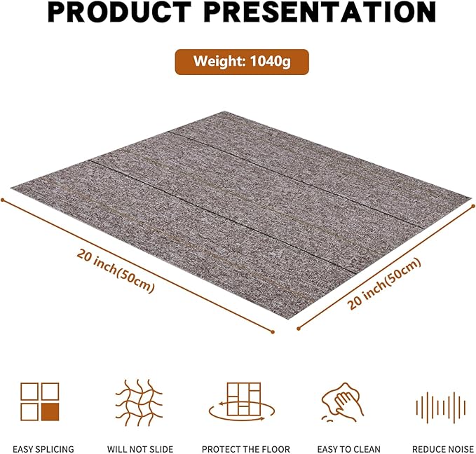16-Pack 20"x20" Carpet Tiles, Non-Adhesive Soft Padded Floor Squares with Seamless Look for Home, Office, Indoor & Outdoor Use (43 Sq Ft) (K7)