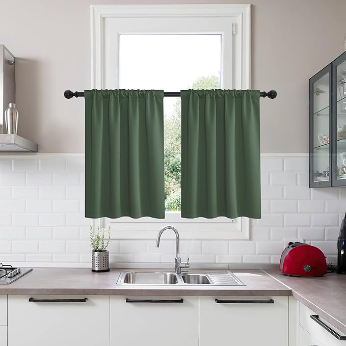 KGORGE Room Darkening Curtains 36 inch for Bedroom, Privacy Energy Saving Short Tiers Half Window Curtains for Bedroom Bathroom Dining Cafe, Back Tab Rod Pocket, W34 x L36, Dark Green, 2 Panels