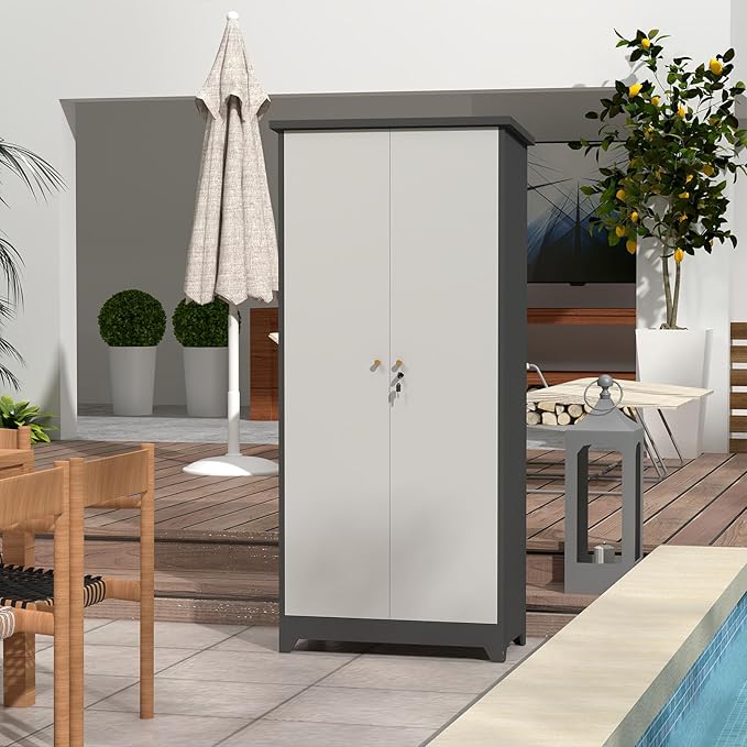 LUCYPAL Metal Storage Cabinet,72.8" H Outdoor Broom Cabinets with Waterproof and Locking Door,Tall Storage Shed with Removable Shelf for Broom Mop,Outside Garden,Grey&White