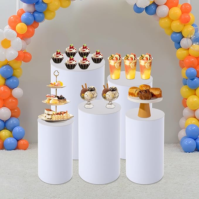 DouSeiAi 5Pcs Cylinder Pedestal Stands for Party, White Round Cylinder Display Plinth Pillars for Wedding Birthday Cake Table Decor