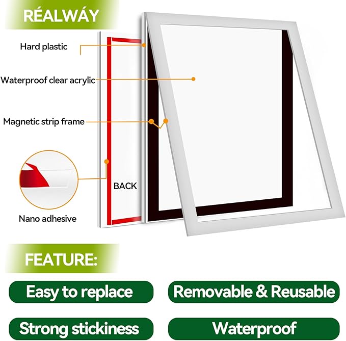 Acrylic Sign Holder 8.5" x 11" Wall Mount - Plastic Wall Sign Holder With Tape,Clear Plexiglass Self-adhesive Acrylic Frames, Door Sign Holder, No Drilling, 3 Pack Silver