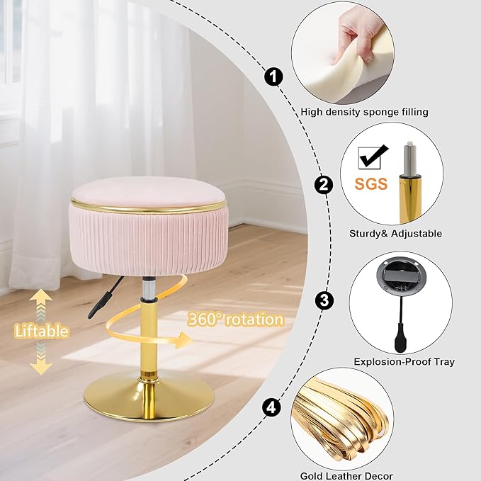 Adjustable Vanity Stool with Storage, 360° Swivel Makeup Stool Chair Small Velvet Round Ottoman with Gold Base for Bedroom, Pink