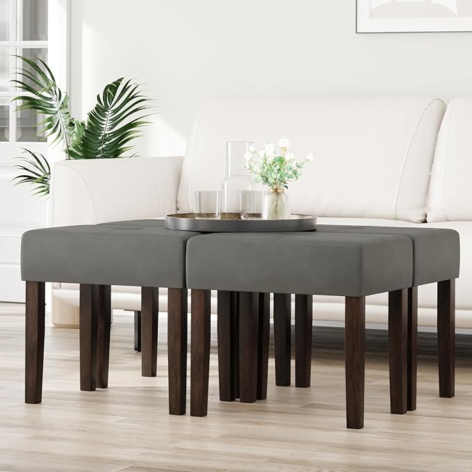 Two Leather Vanity Stool, 18.7 Inch Wide Rectangle Ottoman Bench for Makeup Room, A Set Vanity Chair with Wood Legs for Piano Room, Bedroom,Living Room with Customizable (Gray)