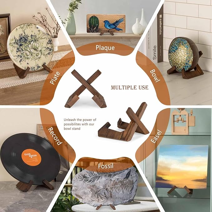 Bowl Stands for Display, 3 Pack 3.5 Inch Plate Holder, Wooden Easel Frame Holder, Display Stand for Large Deep Platters and Dishes, 3.5" H x 4.8" W x 4" D (For Bowls under 2.5" in Depth)