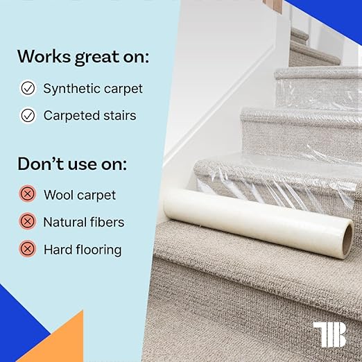 TapeManBlue Carpet Protection Film, 48 inch x 200 feet, Made in The USA, Strong and Durable Plastic Carpet Protector with Easy Unwind and Clean Removal, Clear Self-Adhesive Surface Protective Film