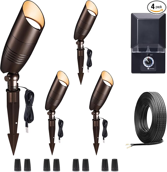 Low Voltage Landscape Lighting Kit, 4 Pack 3000K/4000K/5000K Adjustable Spotlights and 100W Transformer and 100FT Cable and 20 Wire Connectors, Aluminum ORB Waterproof Uplight for Tree Yard
