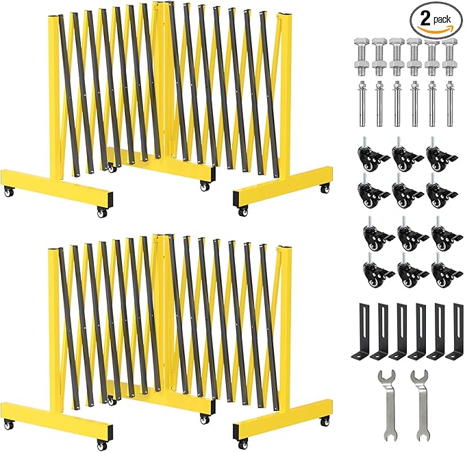 2 Set 16.8FT Industrial Metal Expandable Barricade，Retractable Traffic Fence with Casters, Folding Security Gate, Portable Barricade Gate for Construction Area, Traffic Control, Driveway and Garden