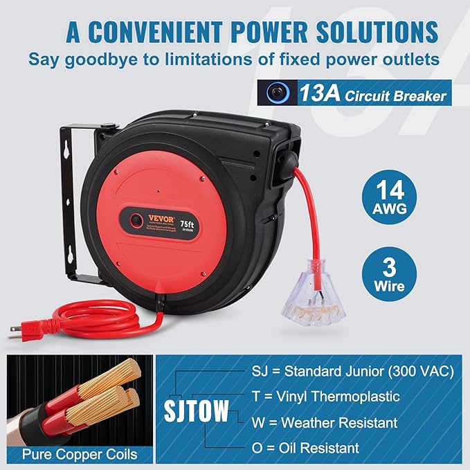 VEVOR 75FT Retractable Extension Cord Reel, 14AWG/3C SJTOW Heavy Duty Power Cord w/Lighted Electrical Triple Tap Outlets, 13A Circuit Breaker,180° Swivel Bracket for Workshop or Garage, Red