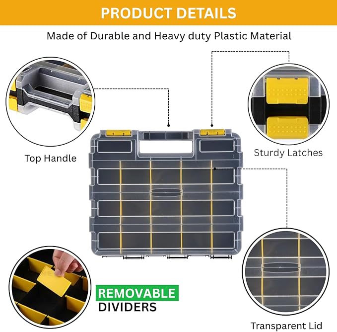 Andalus Tools Organizer Box, Small Parts Storage 34-Compartment Double-Sided Portable Hardware Organizer Removable Plastic Dividers for Screws, Nuts, Bolts, Nails – Yellow (2 Pack, 12.5" x 10.5" x 3")