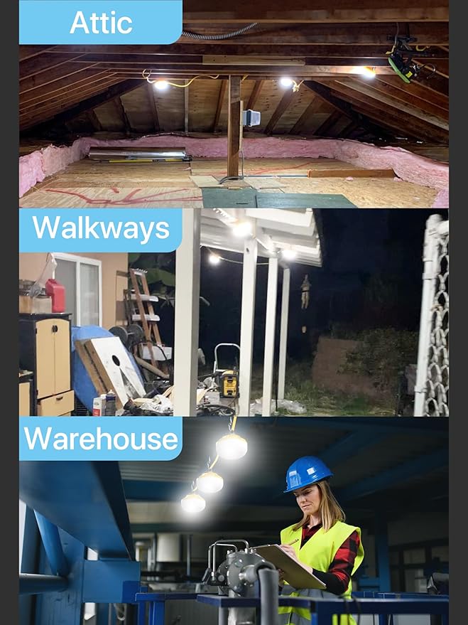 HYPERLITE Construction String Lights: 50FT 5 Bulbs Work Lights with Climbing Hooks - IP65 Waterproof Linkable LED Industrial Temporary Lighting for Construction Sites Attic Crawlspace Renovation