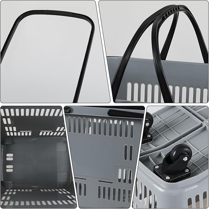 4 PCS 50 L/ 13 Gal Shopping Carts, Gray Plastic Rolling Shopping Baskets with Handles and Wheels, Portable Shopping Basket Set for Retail Store, 50 L