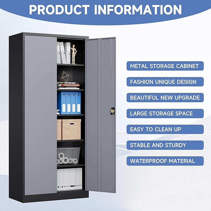 Metal Garage Storage Cabinet,71" H Tall Tool Cabinet with 2 Doors and 5 Adjustbale Shelves,Lockable Tool Cabinet for Garage,Basement,Home Office
