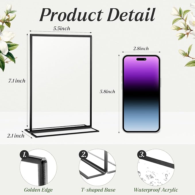 20 Pack 5x7 Acrylic Sign Holders, Double Sided Vertical Stand Clear Picture Frames, Wedding Table Numbers Frames for Party, Restaurant Signs and Office Photos, Black