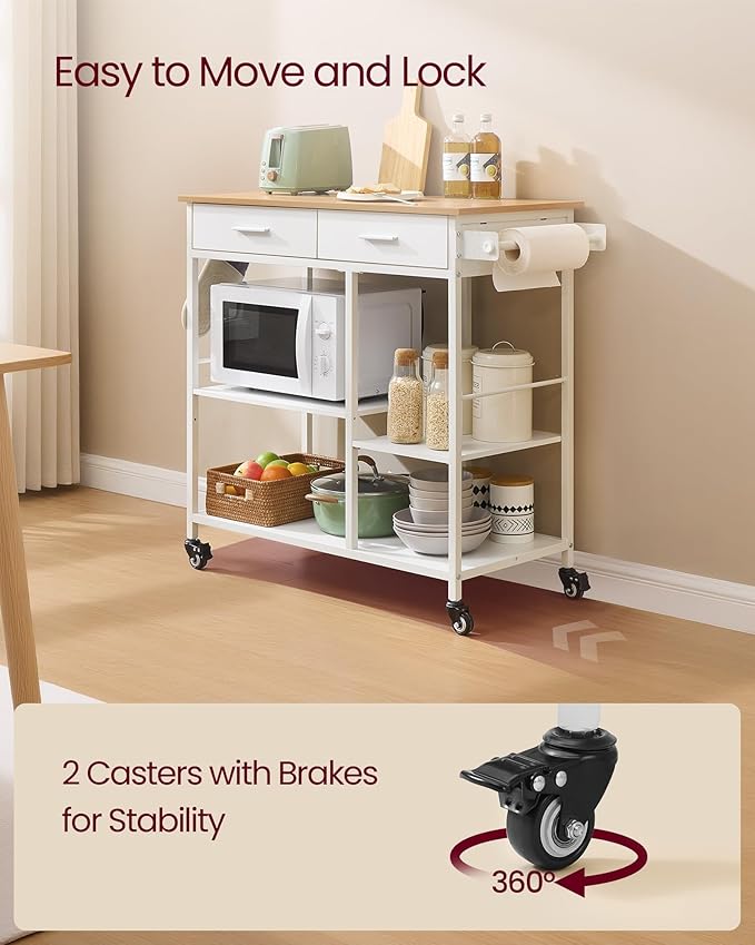 VASAGLE Kitchen Rolling Island, Mobile Kitchen Cart with Storage on Wheels, 17.7 x 38.8 x 35.4 Inches, Towel Rack, 2 Drawers, 2 Hooks, for Dining Room, Oak Beige and Matte White UKKI010Y01