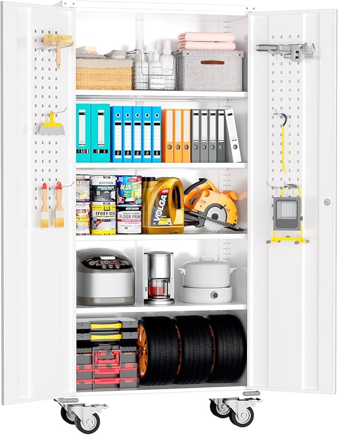 INTERGREAT Metal Storage Cabinet with Wheels, 72" Locking Storage Cabinets with Door and 4 Shelves, Tool Storage Locker on Casters for Home Office, White