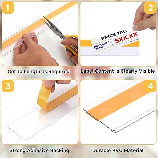 50 Pcs Shelf Label Strips 1.5''H x 48''L Self Adhesive Label Holder with 50 Pcs White Labels, Gondola Price Tag Holder Clear PVC Adhesive Ticket for Metal Wood Plastic Rack (Clear)